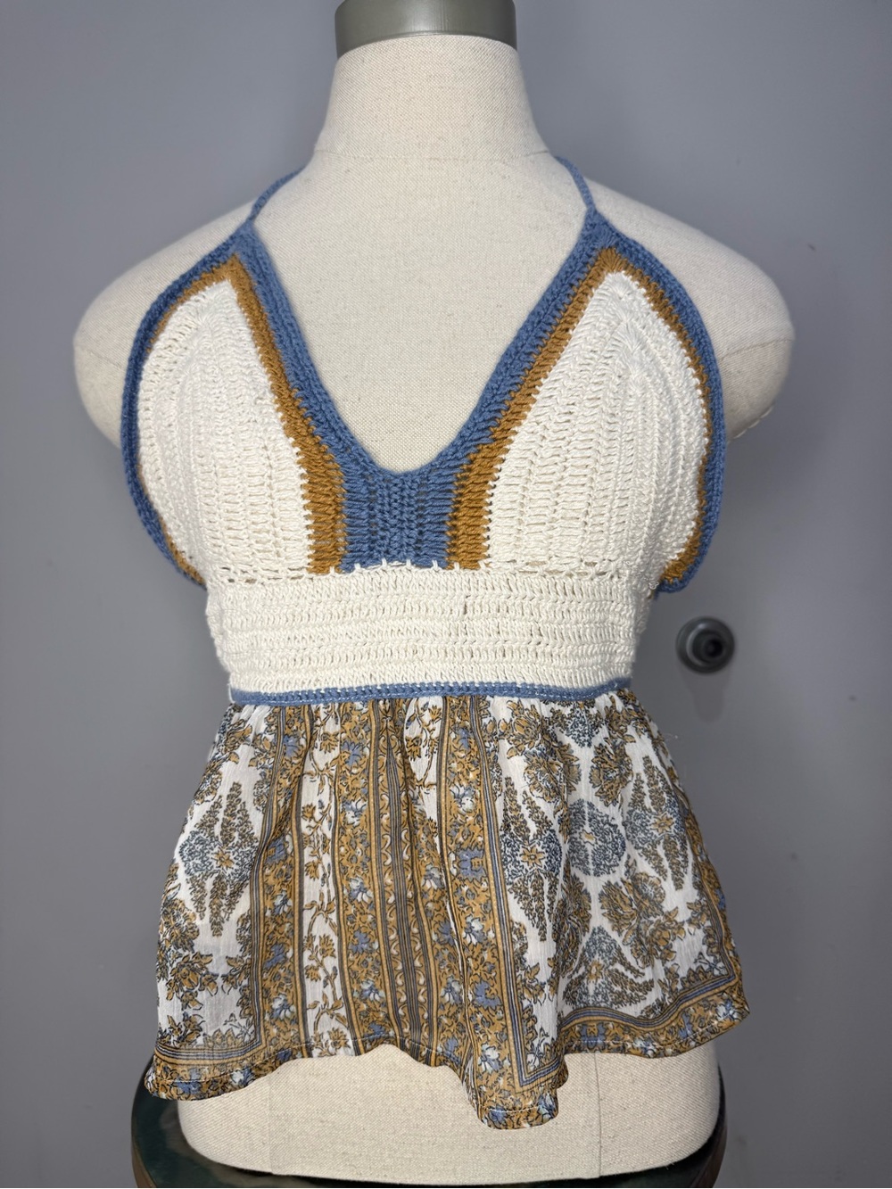 American Eagle Outfitters Cream Crochet Halter Top with Blue & Tan Accents